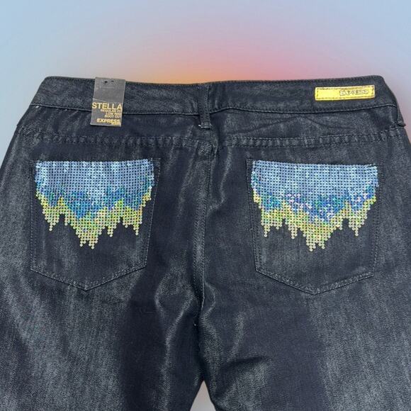 EXPRESS Women’s 12 Long STELLA Sequin Accented Blue Jeans - Picture 3 of 4